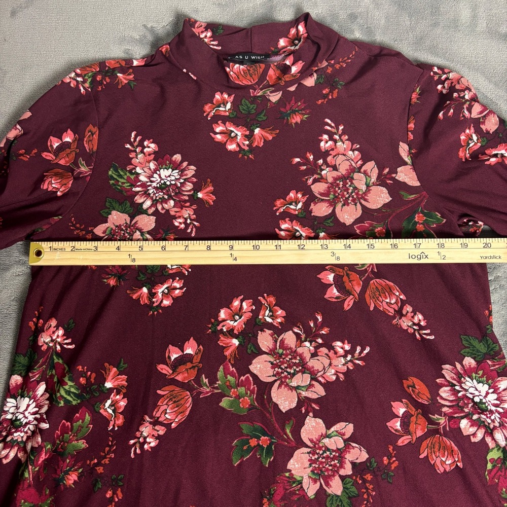 As U Wish Women's XL Burgundy Floral Mock Neck A-Line Dress Cottagecore - Picture 5 of 7
